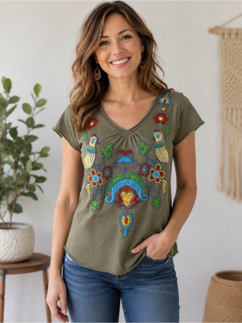 Johnny Was JWLA Papillon Butterfly Hand Embroidery Olive Green Tee T Shirt - Picture 2 of 6